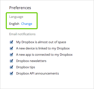 The Language option in the account settings preferences