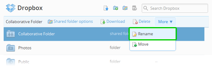 The rename option from the Dropbox file action menu