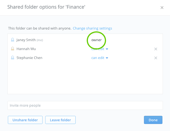 The owner label from the Shared Folder options window